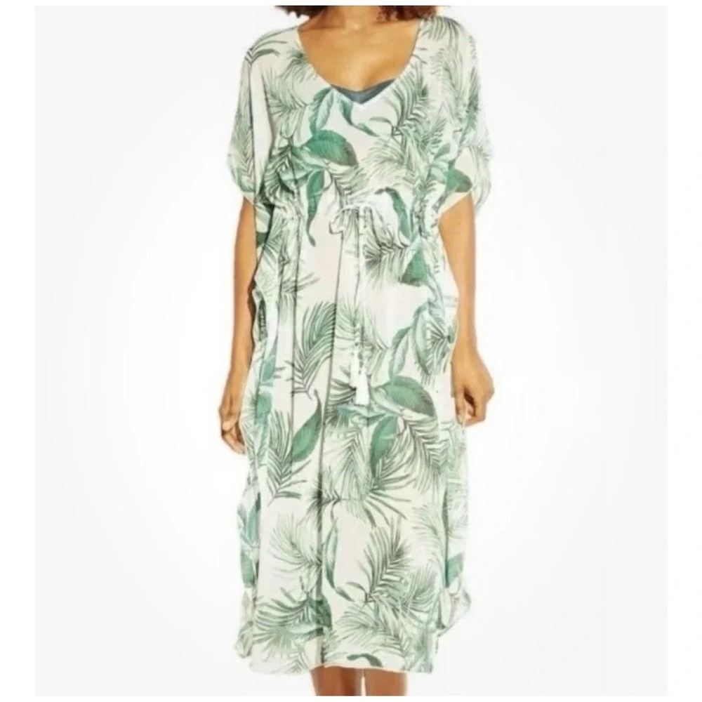 Kona Sol Swim Cover Up Kaftan Sz L Tropical Resort Beach Cruise Botanical